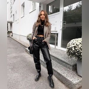 Faux Lather Pants women Elastic High Waist Casual Trousers Ankle Elastic